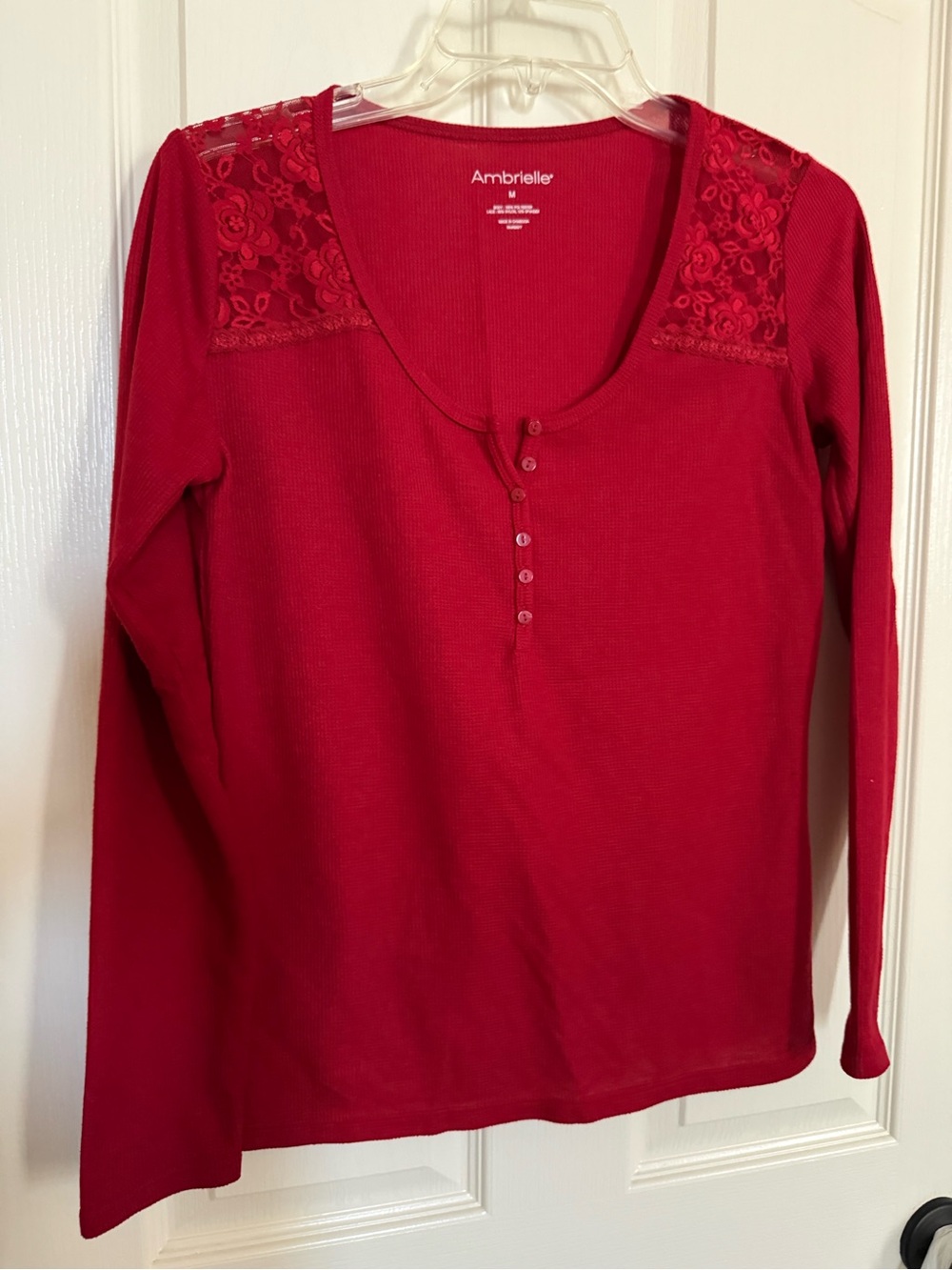 Ambrielle Red Lace-Shoulder Henley Long Sleeve Top